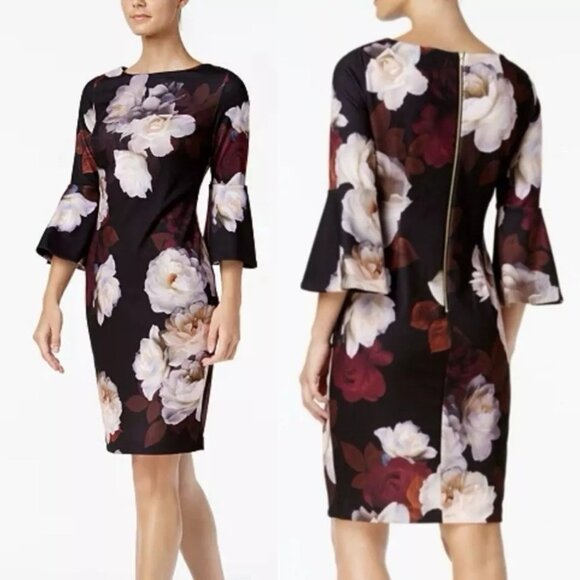Calvin Klein Black Floral-Print Bell-Sleeve Sheath Dress 20573 - Picture 1 of 7